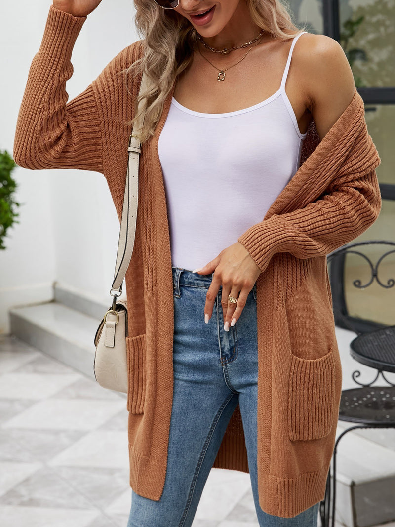 Women Cardigan Open Front Long Sleeve Side Pockets Ribbed Loose Knitted Casual Coats