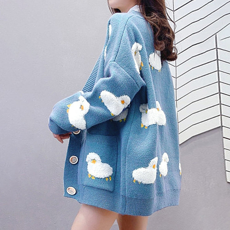 Women Oversized Knitting Cardigan Coat Cute Sheep Buttons Front with Pocket Loose Sweater Casual Jackets