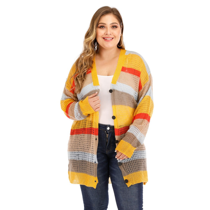 New Spring Autumn Plus Size Women Clothing Knit Sweater Large Long Sleeve Loose V-neck Yellow Thin Cardigan Coat