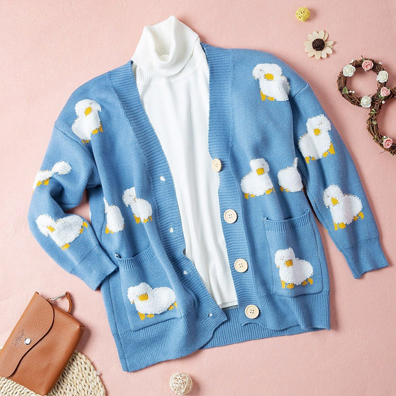 Women Oversized Knitting Cardigan Coat Cute Sheep Buttons Front with Pocket Loose Sweater Casual Jackets