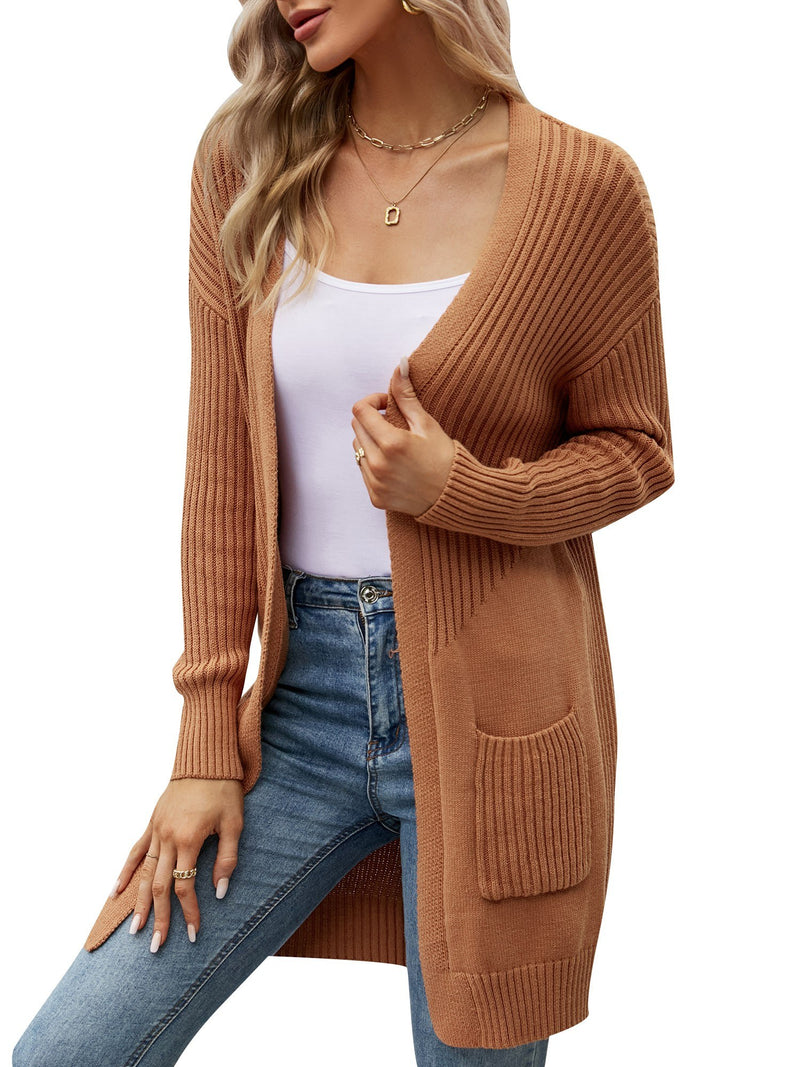 Women Cardigan Open Front Long Sleeve Side Pockets Ribbed Loose Knitted Casual Coats
