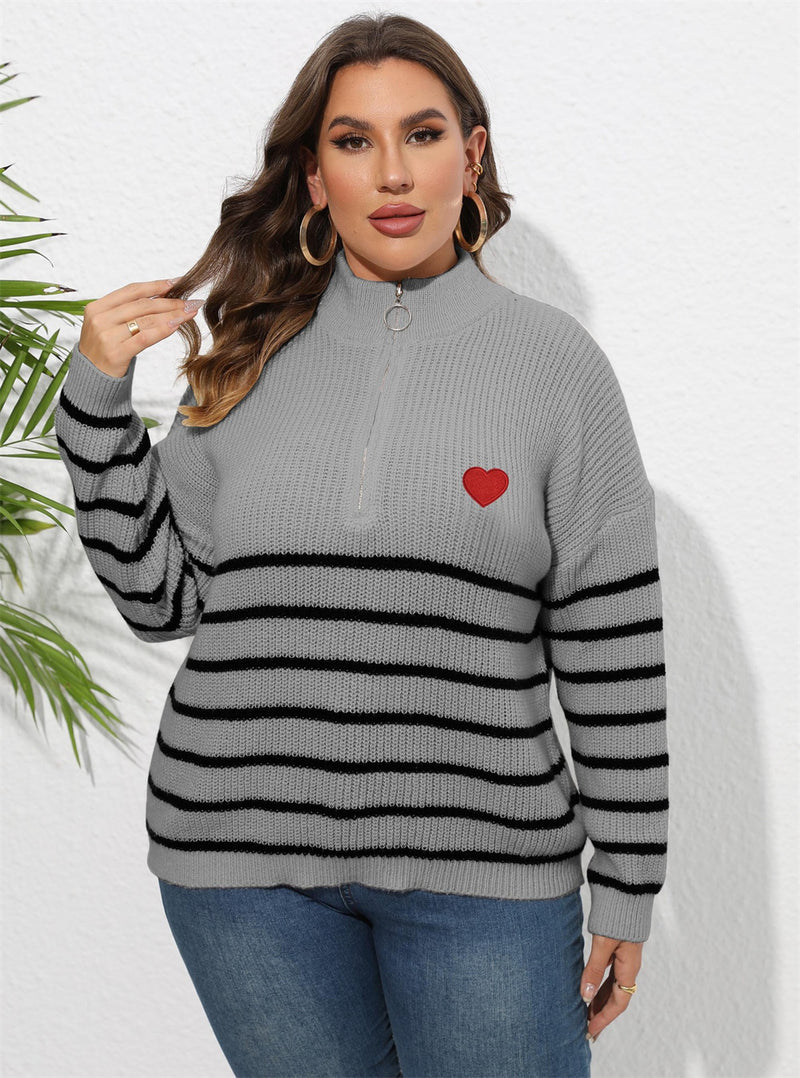 GIBSIE Plus Size Striped Half Zipper Stand Collar Sweater Women 2023 Autumn Winter Heart Embroidery Female Knitted Pullovers
