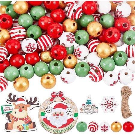 Christmas Wood Bead Garland Wreath Wooden Beads Green Red Reindeer Charms for Jewelry Making Christmas Wreath Making Kit Farmhouse Wooden Beads Stocking Name Tags Personalized House Decor(