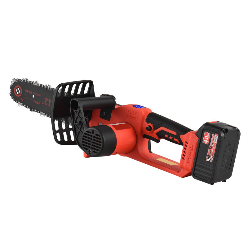 21V Brushless Mini Cordless Chainsaw 12-inch Electric Chain Saw Handheld Pruning Saw 4.0Ah Rechargeable Battery Fast Charger Powered Tree Branch Pruner Pruning Shears Garden Tool for Tree Trimming Wood Cutting