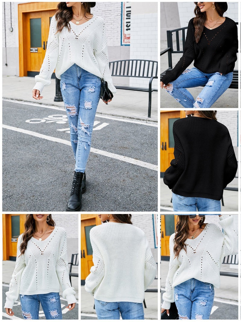 Women Knitted Pullovers V Neck Hollow out Long Sleeve Casual Knitted Sweaters