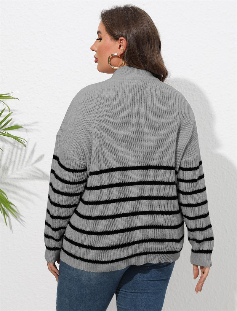 GIBSIE Plus Size Striped Half Zipper Stand Collar Sweater Women 2023 Autumn Winter Heart Embroidery Female Knitted Pullovers