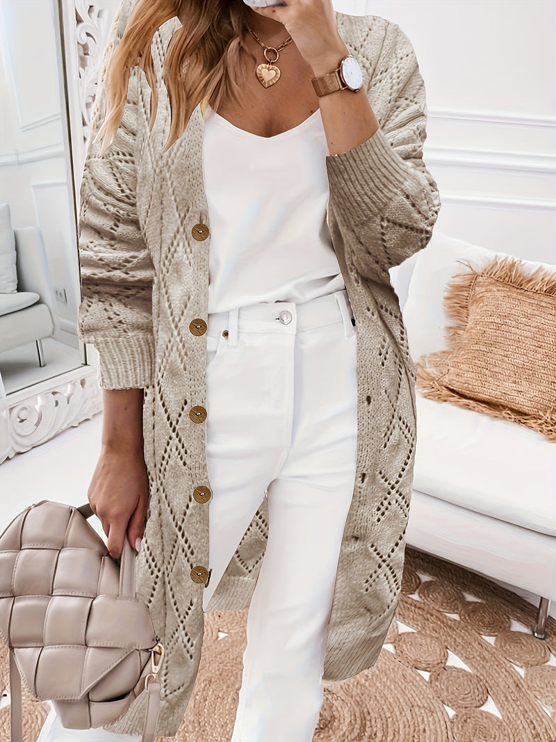 Plus Size Elegant Cardigan, Women's Argyle Pattern Pointelle Long Sleeve Button Up High Stretch Longline Knit,Autumn&Winter Tops