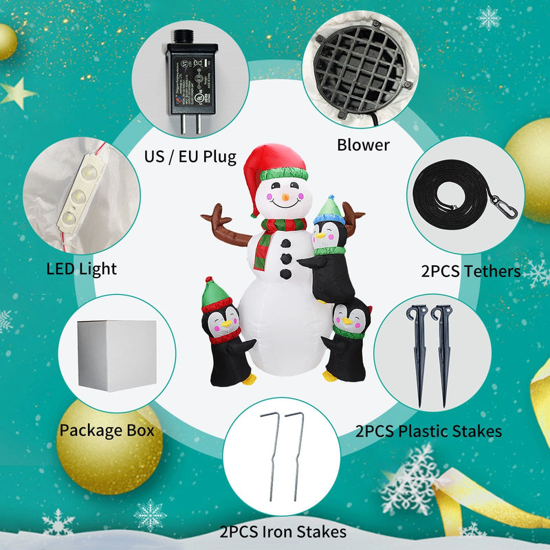 Christmas Inflatables Penguin & Snowman Shaped LED Blow Up Xmas Inflatable Props With Fixed Stakes Tethers for Outdoor Garden Yard Party Decoration