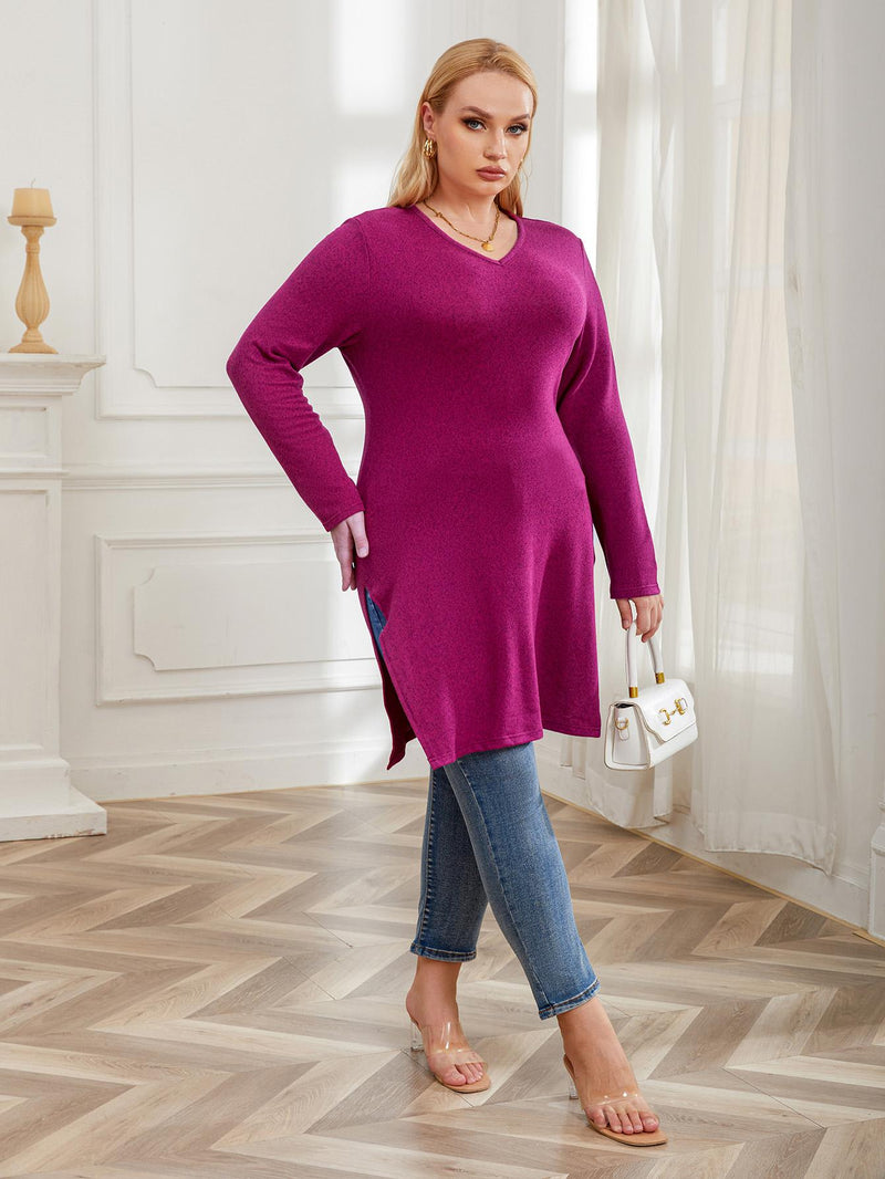 Plus Size Women Sweaters Side Split Top Knitted Solid Color Jumpers Long Sleeves Oversized Winter Fall Female Pullover Clothing