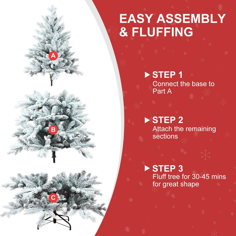 6FT Artificial Christmas Tree 994 Branch Tips Holiday Decoration Flocked Xmas Tree with Sturdy Metal Stand Auto-Spread/Close up