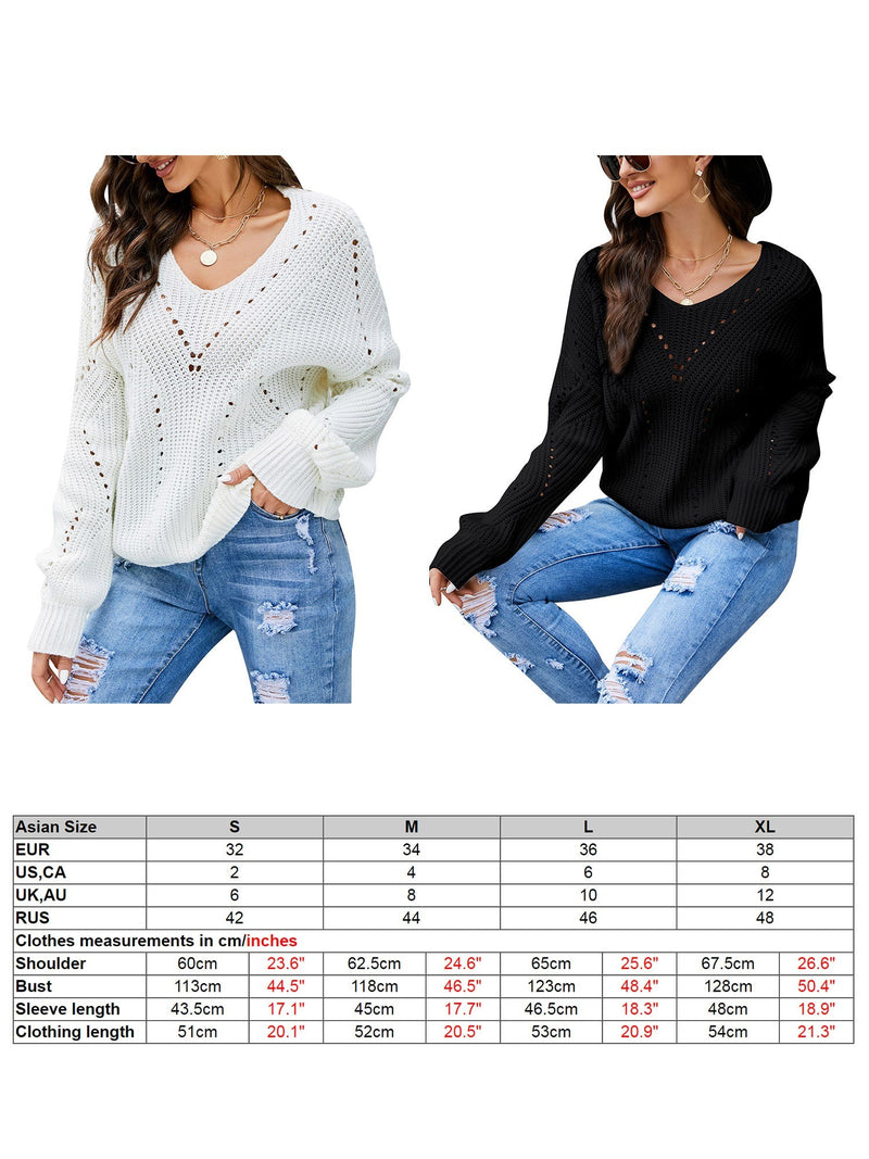 Women Knitted Pullovers V Neck Hollow out Long Sleeve Casual Knitted Sweaters