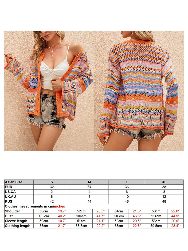 Women Cardigan Long Sleeve Buttons Hollow out Holes Loose Knitted Casual Coats