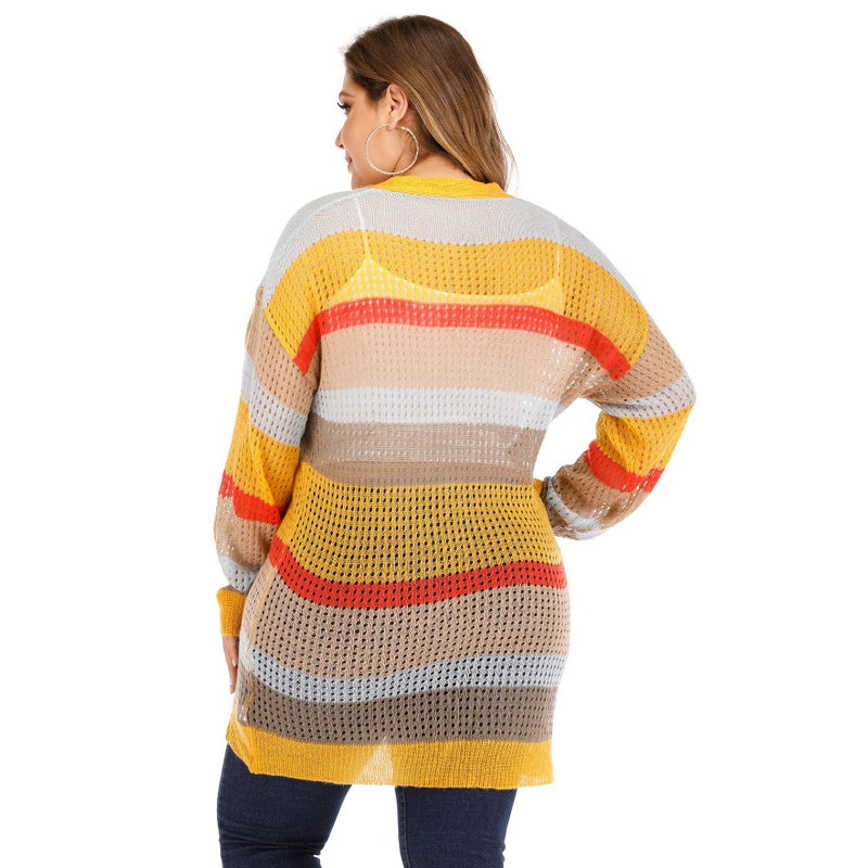 New Spring Autumn Plus Size Women Clothing Knit Sweater Large Long Sleeve Loose V-neck Yellow Thin Cardigan Coat