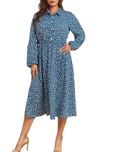 Women Plus Size Dress Long Sleeve Floral Printed Casual Dress